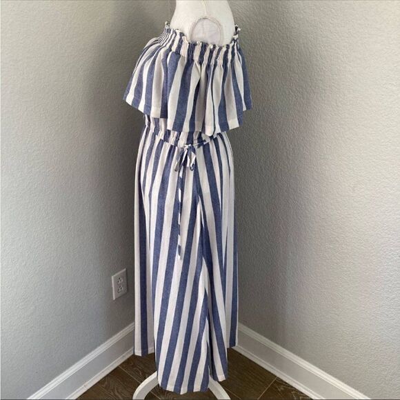 Ark & Co Womens Blue//White Striped Off Shoulder Smocked Maxi Dress Medium - Picture 3 of 11